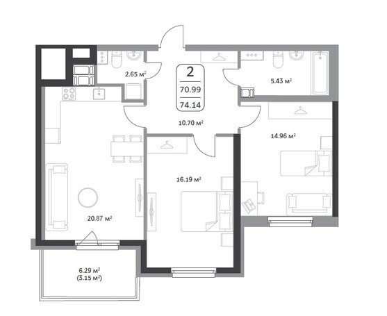 Двухкомнатная квартира 74.14 м²