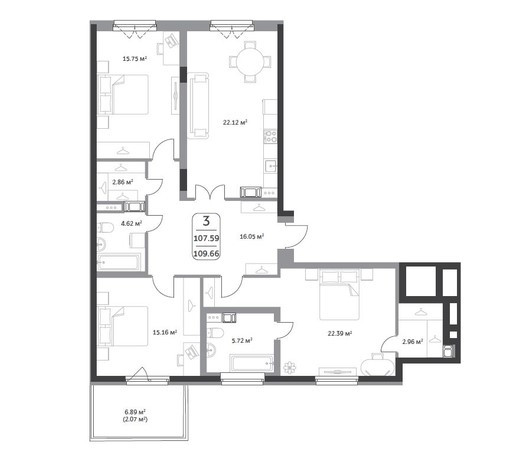 Трёхкомнатная квартира 109.66 м²