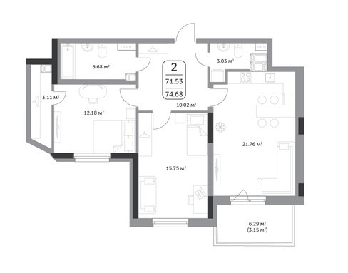 Двухкомнатная квартира 74.68 м²