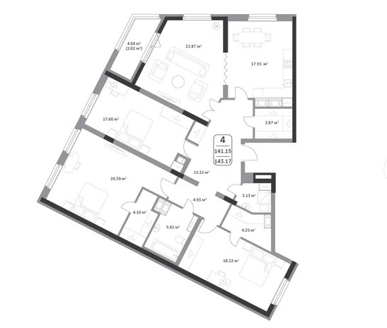 Четырёхкомнатная квартира 143.17 м²