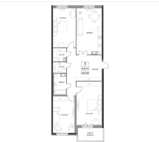 Трёхкомнатная квартира 109.89 м²