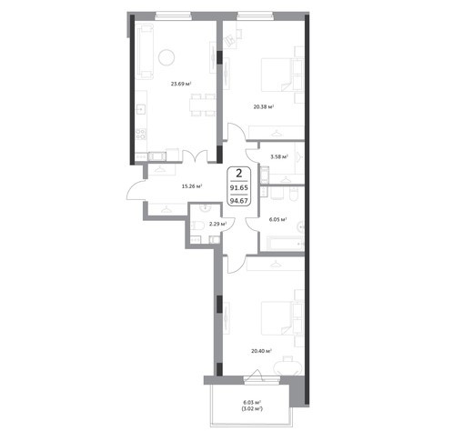 Двухкомнатная квартира 95.56 м²