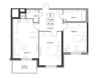 Двухкомнатная квартира 74.14 м²