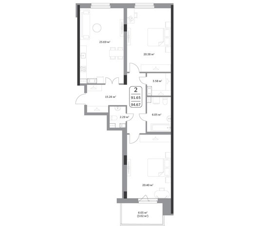 Двухкомнатная квартира 95.56 м²