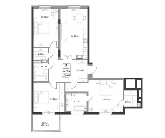 Трёхкомнатная квартира 109.66 м²