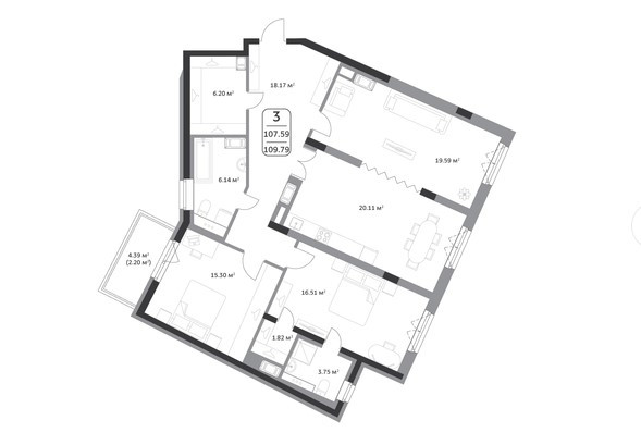 Трёхкомнатная квартира 109.79 м²