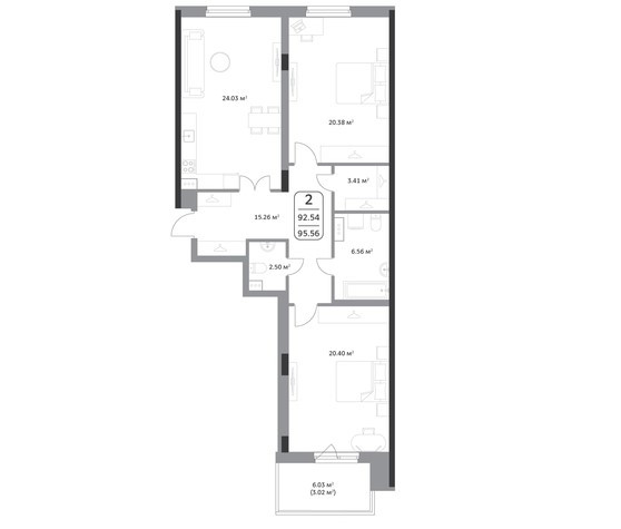 Двухкомнатная квартира 95.56 м²