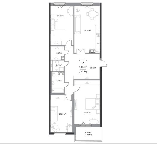 Трёхкомнатная квартира 109.89 м²
